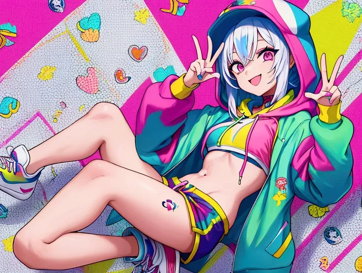 A girl wearing a rainbow-colored hoodie, she also has white short sports pants on, and she also wears white sports shoes, She has a big smile and makes the peace sign with her hand, She has a small chest and breasts , She is skinny and has tattoos