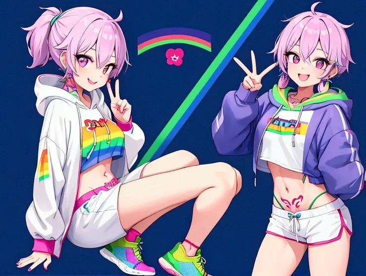 A girl wearing a rainbow-colored hoodie, she also has white short sports pants on, and she also wears white sports shoes, She has a big smile and makes the peace sign with her hand, She has a small chest and breasts , She is skinny and has tattoos