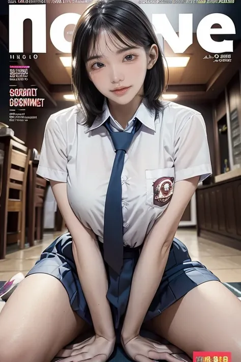 (((magazines cover))), (large title), (many heading), (white border), clerk uniform, name plate, hold ID card from neck, having tablet, (whole body), straddling to hit her crotch on counter edge, open legs, raise leg, open mouth, closed eyes, masturbation,...