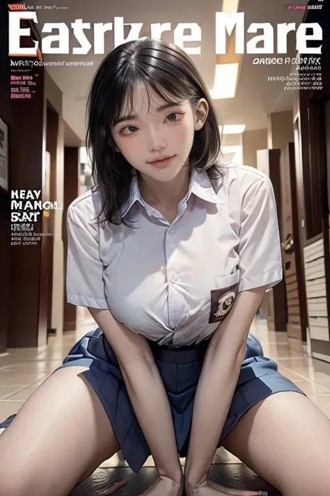 (((magazines cover))), (large title), (many heading), (white border), clerk uniform, name plate, hold ID card from neck, having tablet, (whole body), straddling to hit her crotch on counter edge, open legs, raise leg, open mouth, closed eyes, masturbation,...