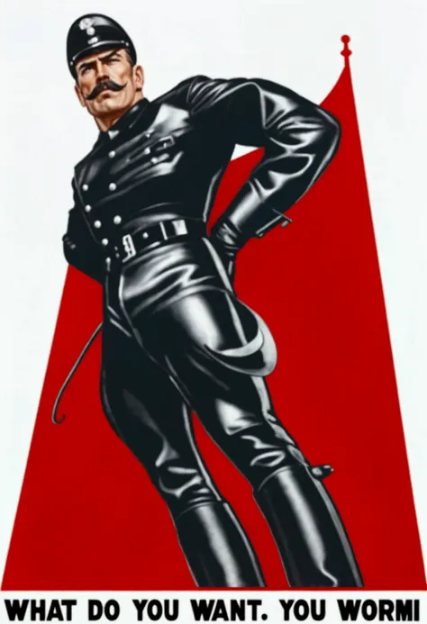 a muscular middle-aged man wearing a black and shiny leather uniform, black leather outfit, black leather officer cap.tall riding leather boots by black grease polished, both hand wearing black gauntlet gloves and holding a bullwhip,background with a swast...