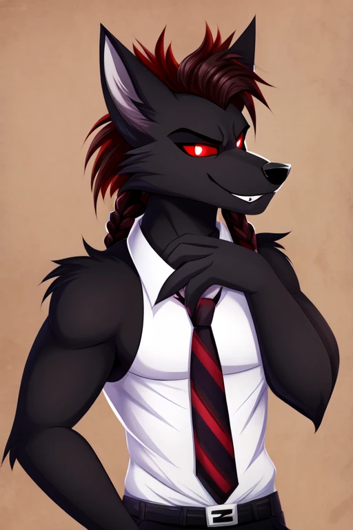 safe content, by vivziepop, mammal, canid, canid demon, demon, canine, monster, anthro, male, fur, solo, hair, black body, brown fur, helluva boss, hellhound black pants. white shirt, white eyes, braided hair, official art, red eyes