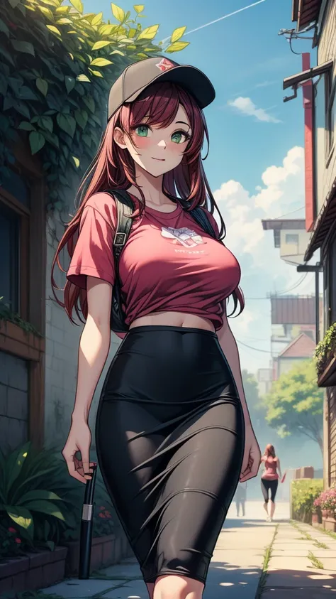 ((((masterpiece, best quality:1.8, high detail)))), ((1girl)), (beautiful woman), smile, bright green eyes, solo focus, (((large breasts))), long hair, ((dark red hair)), ((pink t-shirt fitting size)), ((black midi pencil ((skirt)))), (((long black skirt))...