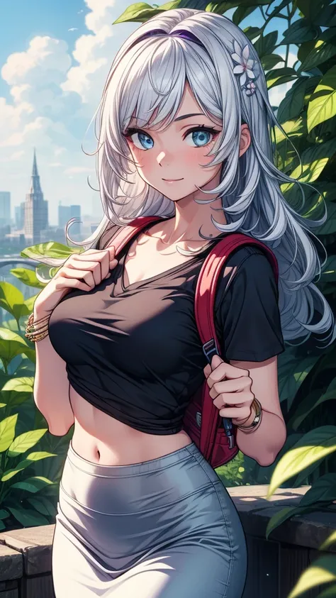 ((((masterpiece, best quality:1.8, high detail)))), ((1girl)), ((beautiful)) girl, bright blue eyes, nervous smile, solo focus, (((small breasts))), long wavy hair, ((white hair)), purple flower hairpin, ((purple t-shirt v neck short sleeves)), casual shir...