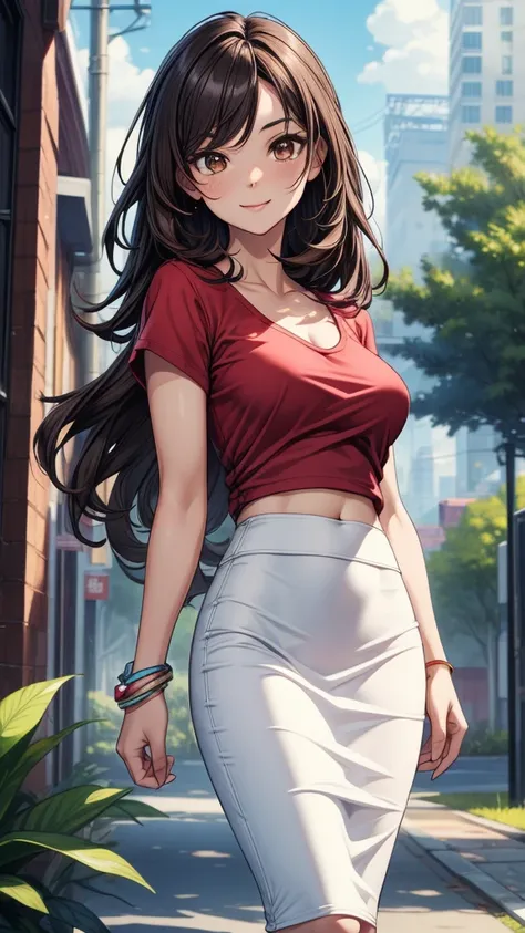 ((((masterpiece, best quality:1.8, high detail)))), beautiful woman, bright brown eyes, smile, solo focus, (((medium breasts))), long wavy hair, ((dark hair)), ((red t-shirt v neck)), casual shirt, ((white midi pencil ((skirt)))), ((long skirt)), tight clo...