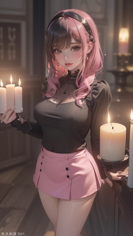 masterpiece, top quality, ((Best Quality, (masterpiece、Best Quality:1.3)、(8K resolution)、(Ultra-fine and detailed:1.1)、、、1 person、Black hair with pink highlights、(Candles cover horror icon、whole body、good style、、、、、Candle-covered bodycon miniskirt、full of ...