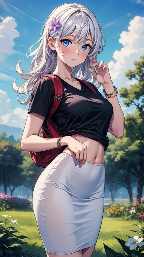 ((((masterpiece, best quality:1.8, high detail)))), ((1girl)), ((beautiful)) girl waving, bright blue eyes, nervous smile, solo focus, (((small breasts))), long wavy hair, ((white hair)), purple flower hairpin, ((purple t-shirt v neck short sleeves)), casu...