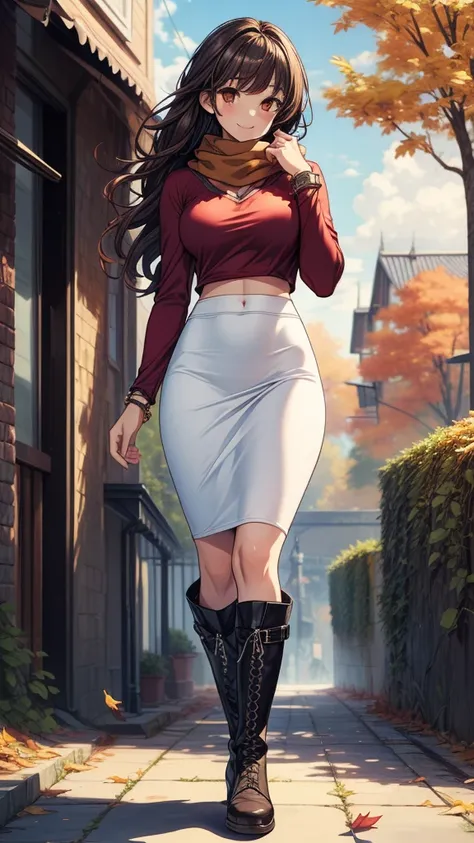 ((((masterpiece, best quality:1.8, high detail)))), beautiful woman, bright brown eyes, smile, solo focus, (((medium breasts))), long wavy hair, ((dark hair)), ((red t-shirt v neck long sleeves)), casual shirt, white ((scarf)), ((white midi pencil ((skirt)...