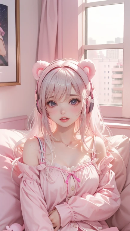 Create an image of a girl listening to music in a room. The room is all pink, Something full of pink girly vibes，And a big window，You can see the big city and the starry sky. She has white hair and blue eyes, very beautiful, Super fast hand in pink teddy b...