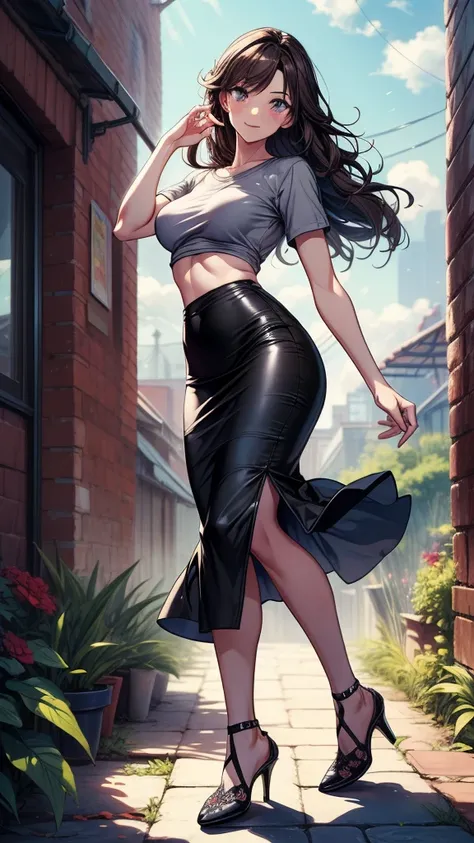 ((((masterpiece, best quality:1.8, high detail)))), beautiful woman (((dancing))), bright purple eyes, smile, solo focus, (((small breasts))), long wavy hair, ((dark brown hair)), hairpin, ((light gray t-shirt fitting size)), flower print shirt, ((black mi...