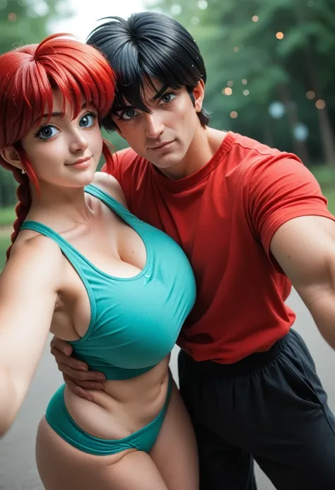 a couple selfie, hug, selfie, ranma girl and ranma boy in a selfie, ((Ranma Chan, redhead girl, huge breast, big ass, thick thighs, wide hips))(a couple selfie)((Ranma Saotome, male, handsome, abs, yoga wear, boy black hair))(ranma girl and ranma male) ult...