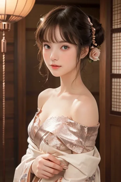 nice, beautiful, cute, baby face, 20 years old, White skin, Sleeveless, Clevis, ((Cleavage)), Small Treasure Chest, ((Rose Gold Color)) ((Off-the-shoulder kimono)), Lace kimono, Embroidered kimono, , Japanese vintage Japanese style room background, Twin ta...