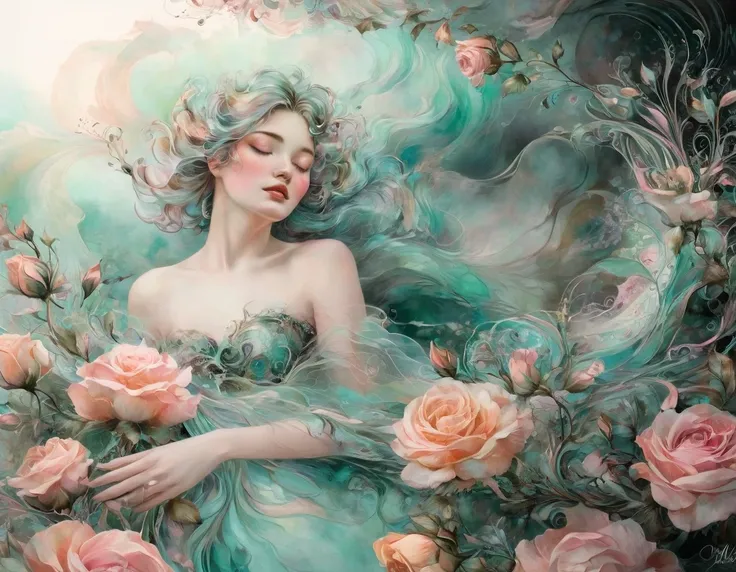 Whimsical fantasy elegant rose floral botany minimalism with a wave of flowers garden flowing flowers floating in hazy pastel pink, aqua green, pastel apricot, smoke fractal, moody and massively realistic flowers, octane rendering, Josephine wall art, Isab...