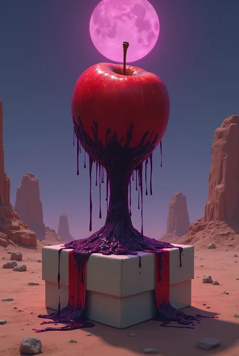 Strange red apple dripping ink in sky 🎁 present in a gift box, desert, purple moon, painting