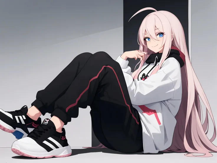 A 2 woman ,cute, 160cm hight,She is wearing a white oversized hoodie from Santa Cruze and black sweatpants from Addidas, she is wearing Sneakers,Blue eyes,Body type = slim, Pink long hair with black streaks, she is smiling at me