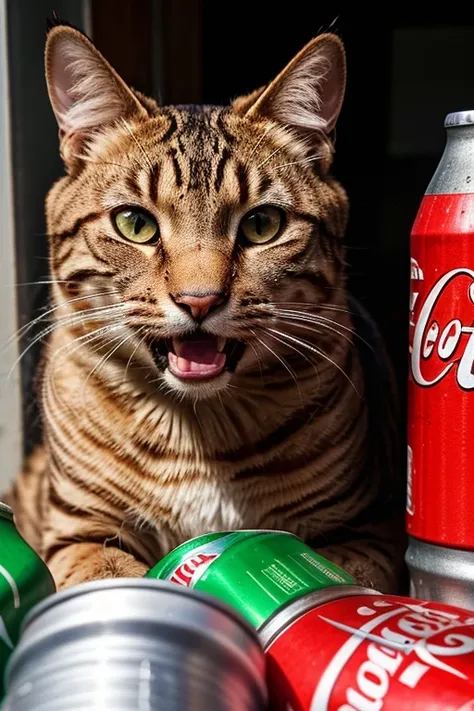 A close up picture of a huge cat growling and looking angry at humans for his Coca-Colas cans that he considers his property and he wont share with anyone.
