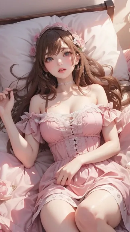 Romantic Rosette Dress 2, Best quality ultra detailed,Practical,High resolution,portrait,beauty的女人, Palace bed,Gorgeous  bed,Perfect makeup,Sun rays,beauty,Exquisite,Amazing,