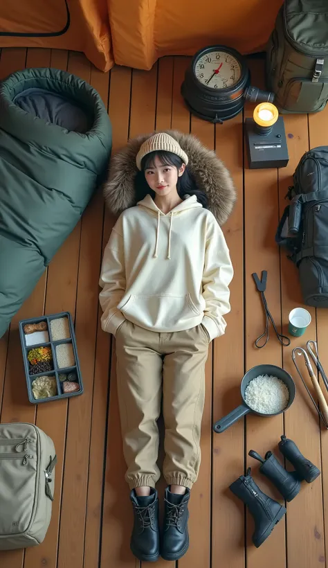 live-action、Real、A very beautiful Japanese woman wearing an off-white hoodie、Knitted hat、Chino pants、boots、Lie down on the wooden floor、whole body、There is a lot of camping gear laid out on the floor around the woman.、sleeping bag、Climbing cane、Rack Sack、F...