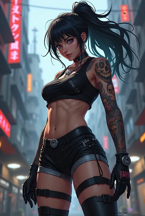 Anime cyberpunk badass girl with skulls on clothes with tattoos and piercings kicking ass in a cyber city run down 