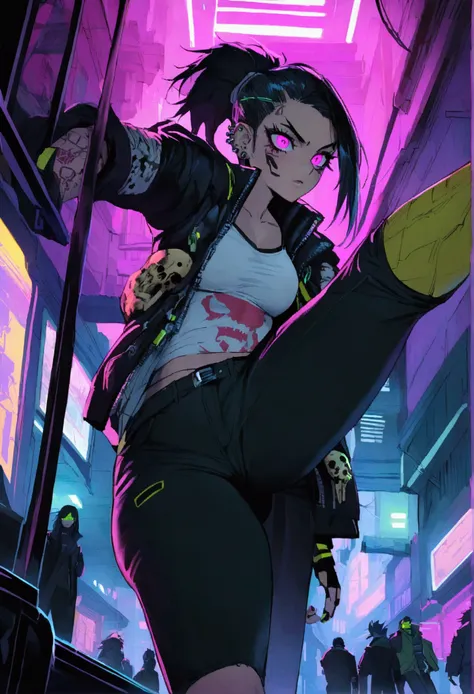 Anime cyberpunk badass girl with skulls on clothes with tattoos and piercings kicking ass in a cyber city run down 