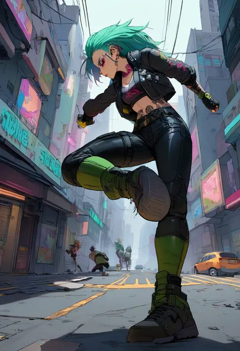 Anime cyberpunk badass girl with skulls on clothes with tattoos and piercings kicking ass in a cyber city run down 