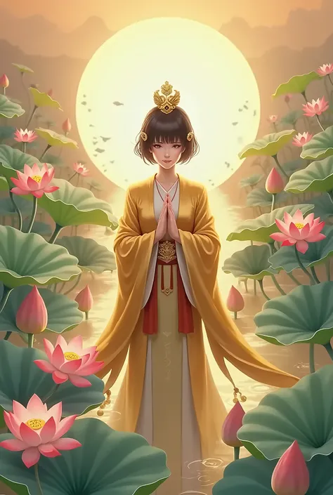 Many lotus flowers in the background　天照大御god　Add a touch of red and white to your gold outfit　Short Hair　Golden decoration　god々Shii　Black Hair　No exposed skin　Powerful　Place your hands together in front of your chest.　High image quality