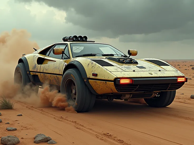 A **Ferrari 288GTO** transformed into a **sci-fi, Mad Max-style** vehicle. The car features rugged, heavily armored modifications with large **spiked tires**, exposed engines, and **futuristic weaponry** mounted on the sides. Its body is scratched and dent...