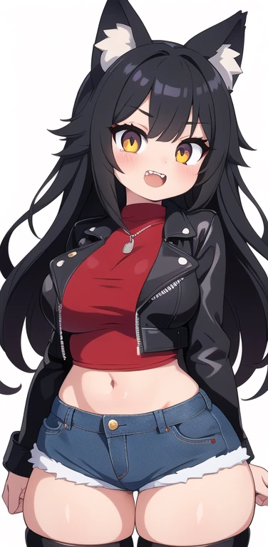 Cute Girl, Beautiful Amber Eyes, Cute fangs, Upper Teeth, Large breasts, wide hips, Black Leather Jacket, Red undershirt, Denim shorts, flawless skin, cute face, close-up, Wolf Ears, longish hair, lush Black hair, Best Quality, Anatomically Correct, 