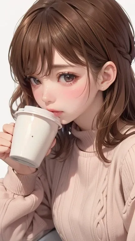 1 girl, Brown hair, sweater, Drink coffee, ((White background)),Micro side view, The whole head