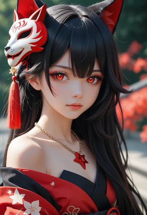 personal. sparkle (Honkai: Star Rail),1 young girl,alone,necklace,Red hair,Long black hair and red eyes. I was wearing a Japanese style outfit with black and red tones and a fox mask on my head.. Sly eyes, Hands touching one&#39;s face,Evil face,Four petal...