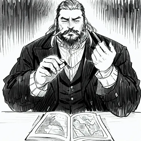 A large adult man with a beard, 19th century clothing, rich Russian count, sits at a table in front of open books and geographical maps and smokes a cigar quick pencil sketch black and white sloppy drawing quick sketch
