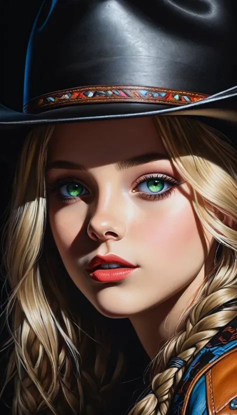 a photorealistic portrait of a young girl with vibrant neon eyes, wearing a cowboy hat, in the style of Hans Haffenreffer, with dark dramatic shadows, photorealistic, highly detailed, 8k, hyperrealistic