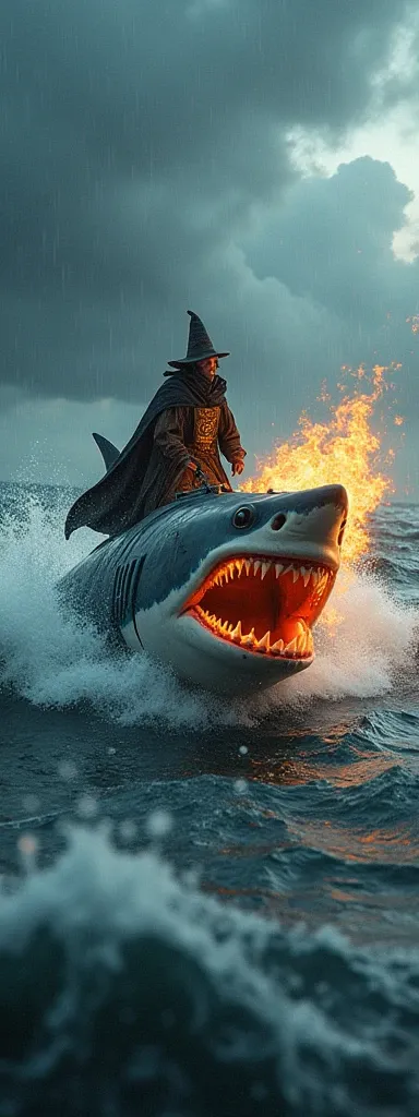 A medieval wizard in the middle of a very turbulent and dark sea riding a mechanical great white shark on fire with a storm and giant waves in the background 