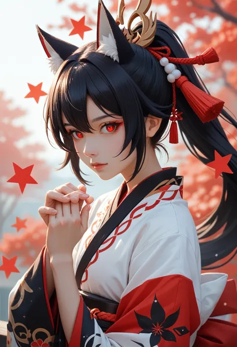 personal. sparkle (Honkai: Star Rail),1 young girl,alone,Red hair,Long black hair and red eyes. I was wearing a Japanese samurai outfit in black and red tones with a fox mask on my head.. Sly eyes, Hands touching one&#39;s face,Evil face,Four petals yander...