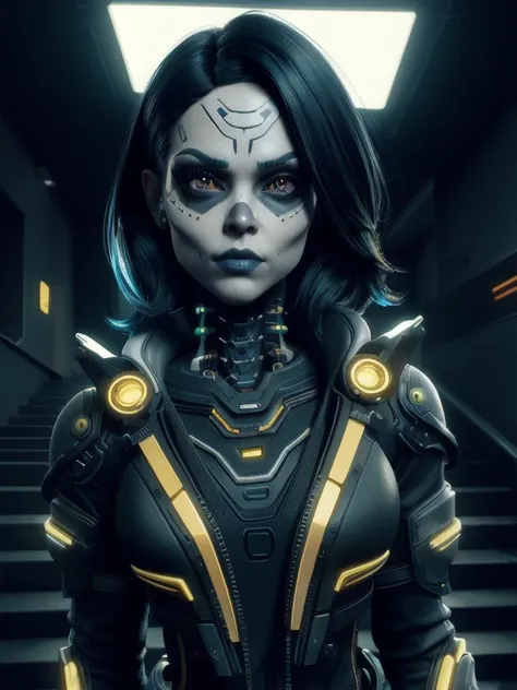 A mexican cyberpunk black hair woman with a cyber skeleton face makeup ScienceDNAStyle a portrait of a girl skull face makeup, cyberpunk staircase background bubbles,white shirt with golden, vibrant colors and hard shadows and strong rim light, cyberpunk 2...