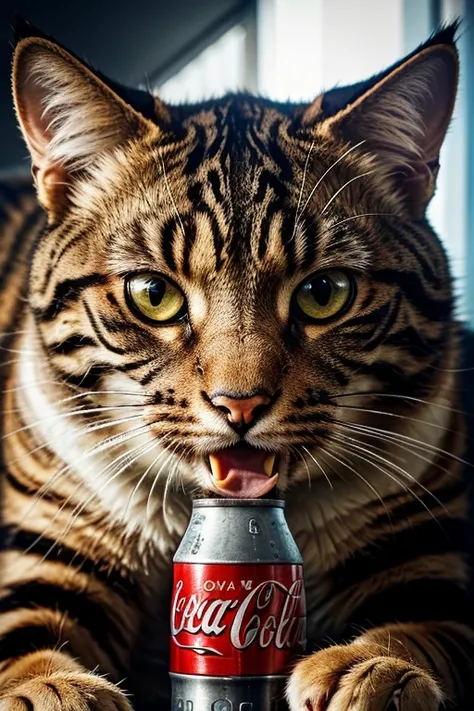 a huge angry cat, close up, growling, protecting his Coca-Cola cans, anthropomorphized, detailed feline features, realistic fur textures, sharp teeth, piercing eyes, intense gaze, dramatic lighting, cinematic composition, photorealistic, 8k, high quality