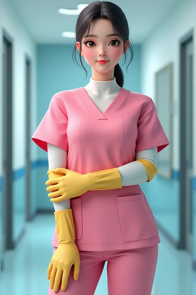 1 girl, ((yellow elbow length gloves)), ((surgical gloves)), ((rubber gloves)), ((with long sleeves)) ((pink surgeon suit)), I look at the viewer.., ((Dr)), standing, One