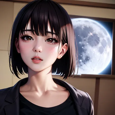 One woman, 40 year old Japanese man、housewife、Beautiful Face, ((Brown eyes)), Big moon in the background, star, space, (Lightroom:1.13), Soft Light, (Natural skin texture:1.2), (Hyperrealism:1.2), Sharp focus, Concentrated,[[Realistic]]、Pixie Cut Hair、Red ...