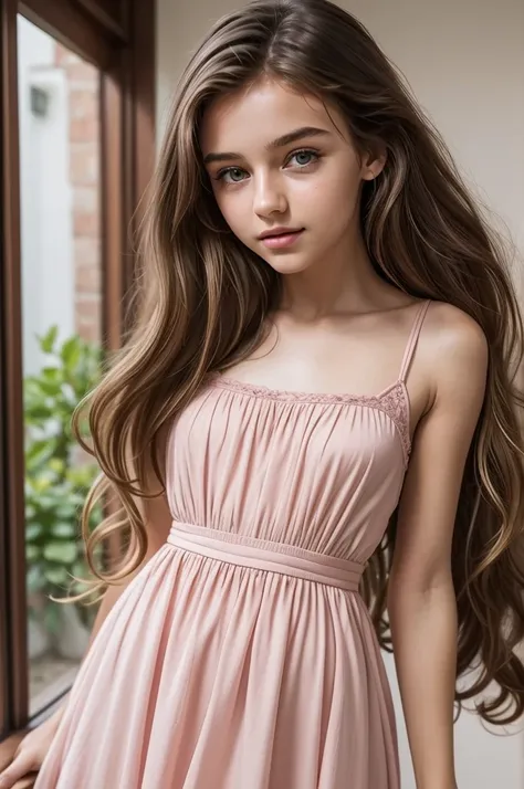 masterpiece, most beautiful, gardeniass, imperfections, young, cute, wavy long hair, brown hair, 1girl, emerald eyes, full pink ...