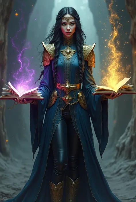 Girl human  with long black braids in a tiara, in a blue robe, gold inserts, images of dragons, shoulder pads, and a neck covered with a high collar, leather pants, metal boots long sleeves shirts cute face with green eyes and empty look next to her in the...