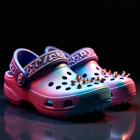 Crocs shoes, vibrant and chibi-inspired, dominate the scene. Studs glint under focused light, while bold symbols and patterns adorn the vinyl body, evoking an anarchy-punk aesthetic. A fabric strap, intricately textured, stretches across the top, secured b...