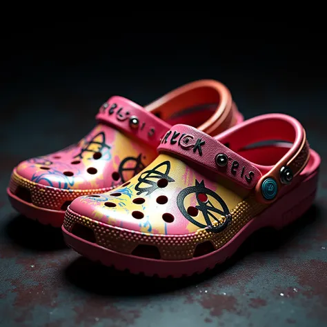 Crocs shoes, vibrant and chibi-inspired, dominate the scene. Studs glint under focused light, while bold symbols and patterns adorn the vinyl body, evoking an anarchy-punk aesthetic. A fabric strap, intricately textured, stretches across the top, secured b...