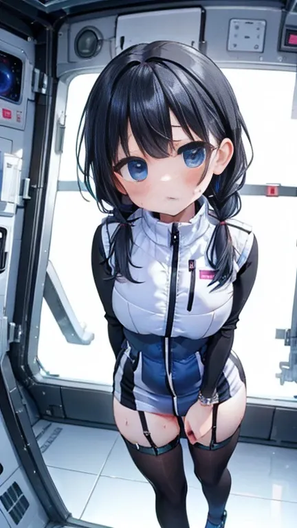 (Best Quality), (masterpiece), 1080P, High resolution, 4K, 8k, Inside the space station、Futuristic room、Thigh straps, Shooting from directly below, The woman on top of me, 白いsweat, Covered , sweat, Woman looking down, Skirt swimsuit, Thigh-high socks, To a...