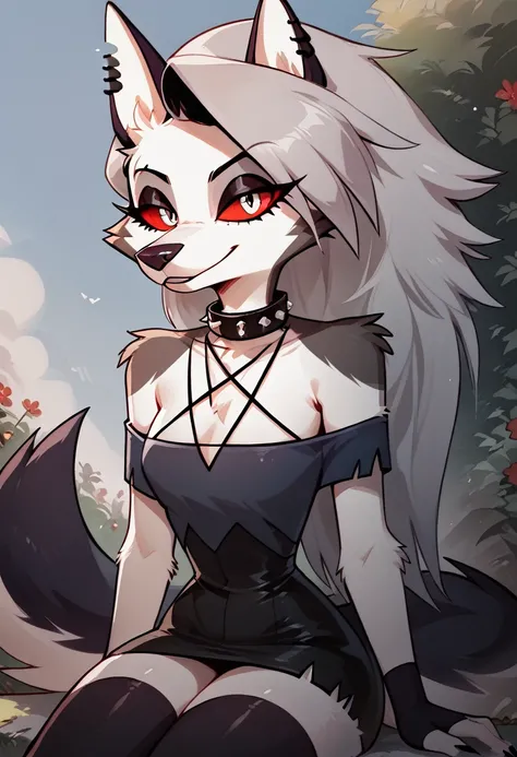 score_9, score_8_up, score_7_up, ultra quality, 1girl, 1girl, solo, red eyes, Loona, Loona (Helluva Boss), furry, thigh highs, fingerless gloves, anthro, smirk, sweet smile, mouth closed,black and white hellhound girl, two tone fur, white hair, white anima...