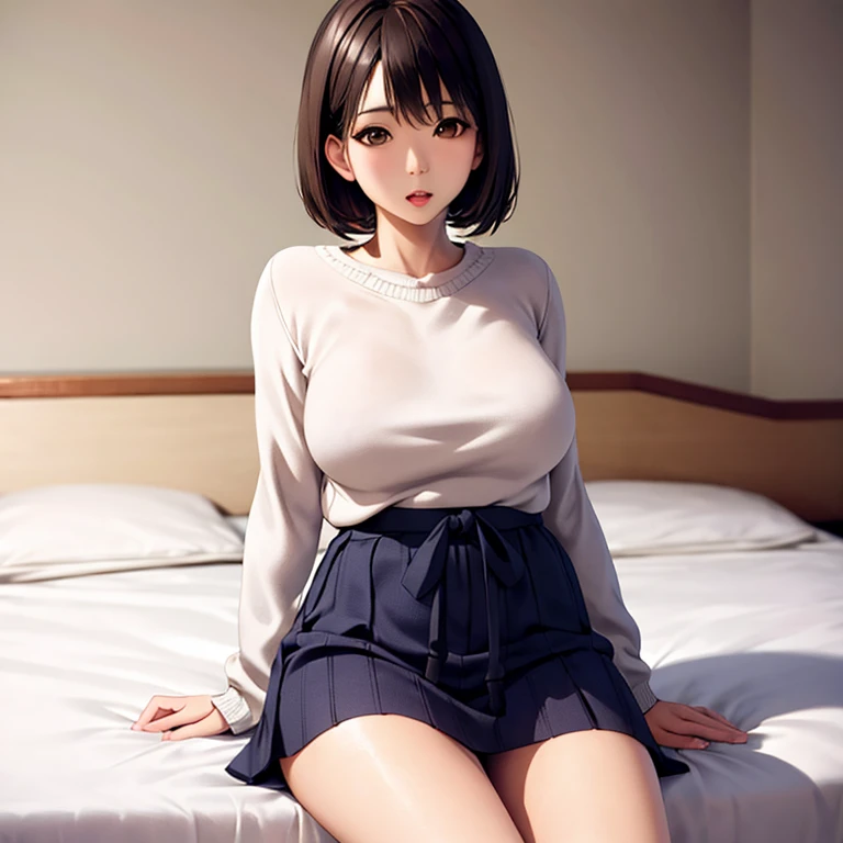 One woman, 40 year old Japanese man、housewife、Beautiful Face, ((Brown eyes)), Background is stars,null, (Lightroom:1.13), Soft Light, (Natural skin texture:1.2), Sharp focus, Concentrated,[[Realistic]]、Pixie Cut Hair、Knitted sweater,skirt、sitting with legs...