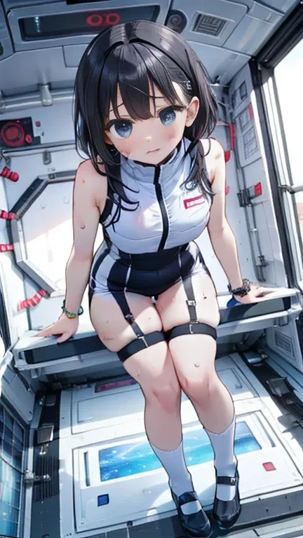 (Best Quality), (masterpiece), 1080P, High resolution, 4K, 8k, Inside the space station、Futuristic room、Thigh straps, Shooting from directly below, The woman on top of me, 白いsweat, Covered , sweat, Woman looking down, Skirt swimsuit, Thigh-high socks, To a...