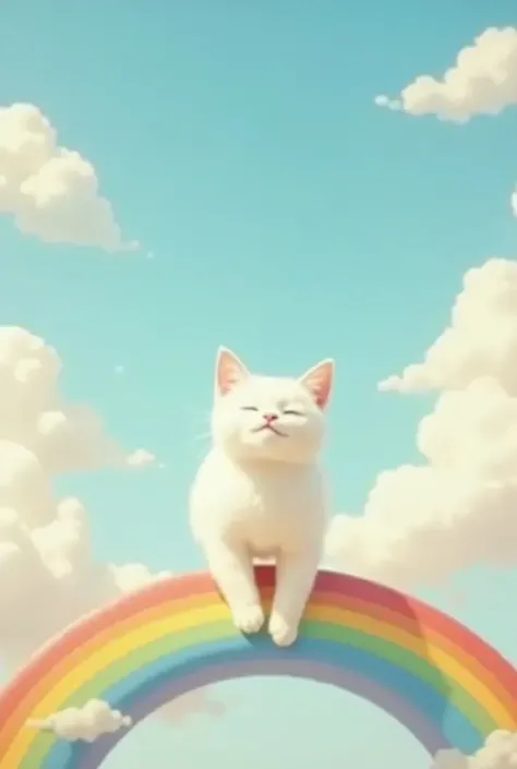 Create an image of a serene and warm scene featuring a white cat walking on a colorful rainbow. The sky should be a clear blue, dotted with numerous fluffy clouds, adding to the peaceful atmosphere. The overall mood of the image should be calm and soothing...