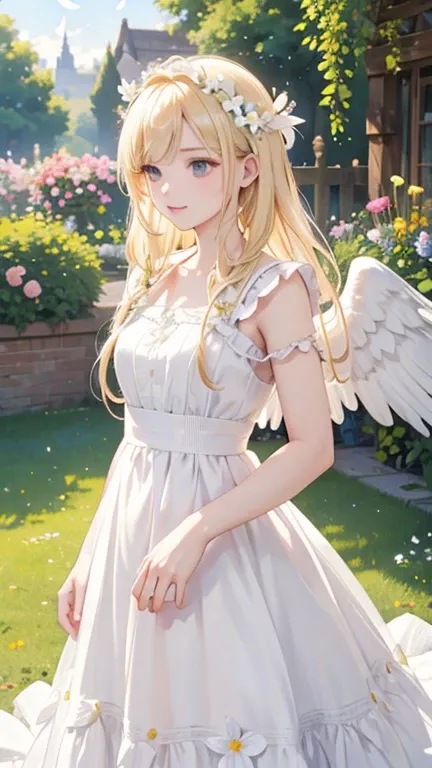 (masterpiece), (best quality), (detailed), garden, Lots of flowers, Angel, Blonde Hair, Long Dress, White Feather, ultra realistic, photorealistic, detailed