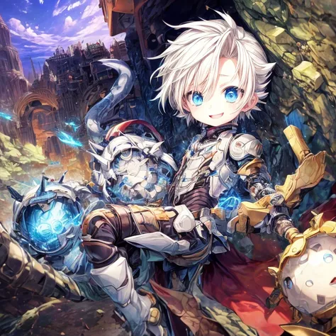 A young boy with albino skin and dark hair, with mechanical arms and legs and using advanced technology armor, he wears an avant-garde helmet, has blue eyes, always with a kind smile, Estilo Made in Abyss