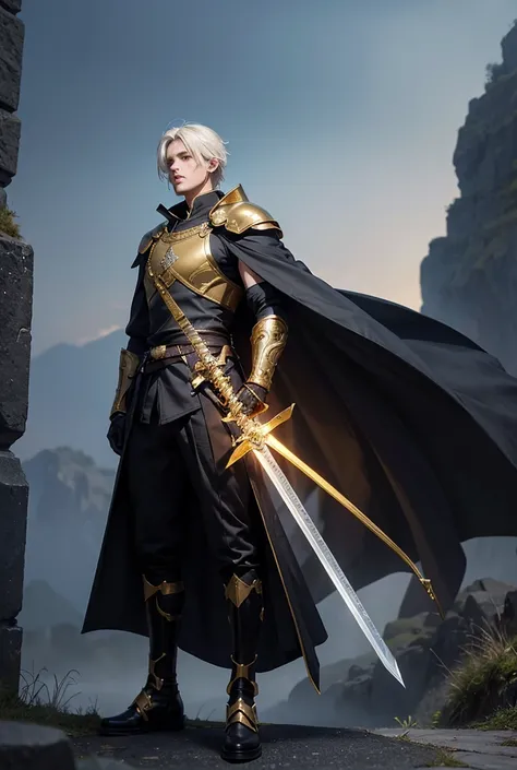 High Resolution, Master piece, Super detailed, Full Body display, Full body angle from head to shoes, Fantasy characters, 1 man, 2, High 190 cm., Weight 80 kg., Yellow eyes, Short white hair, Smooth face, Thighs muscles, Gods crown, Earrings, Holding a one...